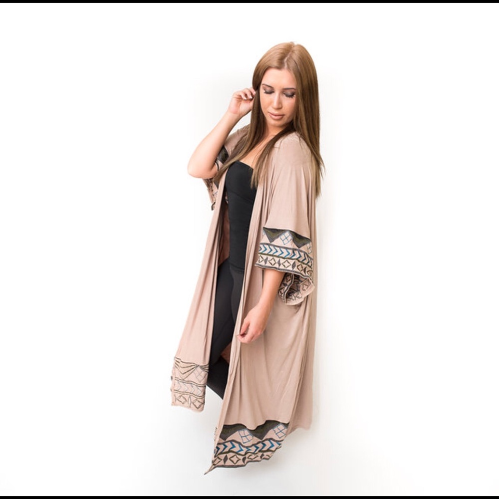 Boho long kimono with embroidered trim